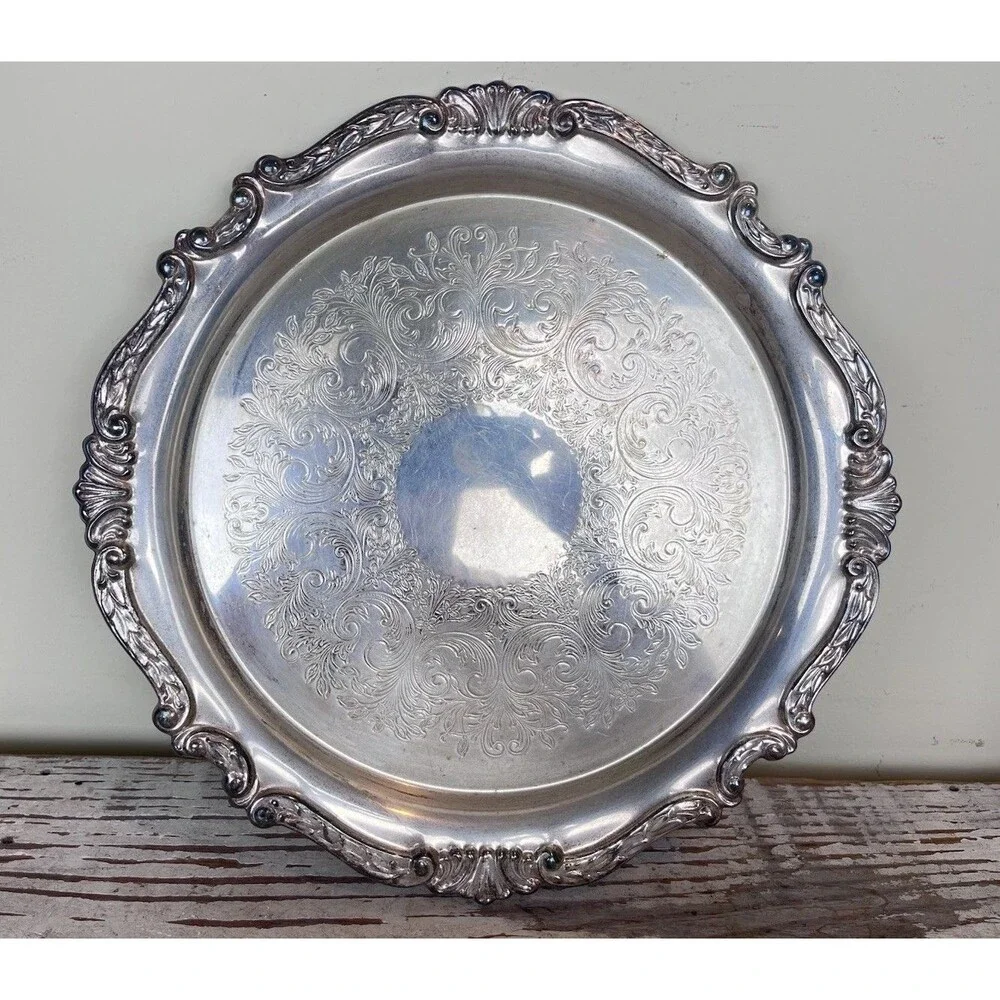 Vintage MCM Sheridan Silver Co Ornate Border Round Silver Plated Tray 12”